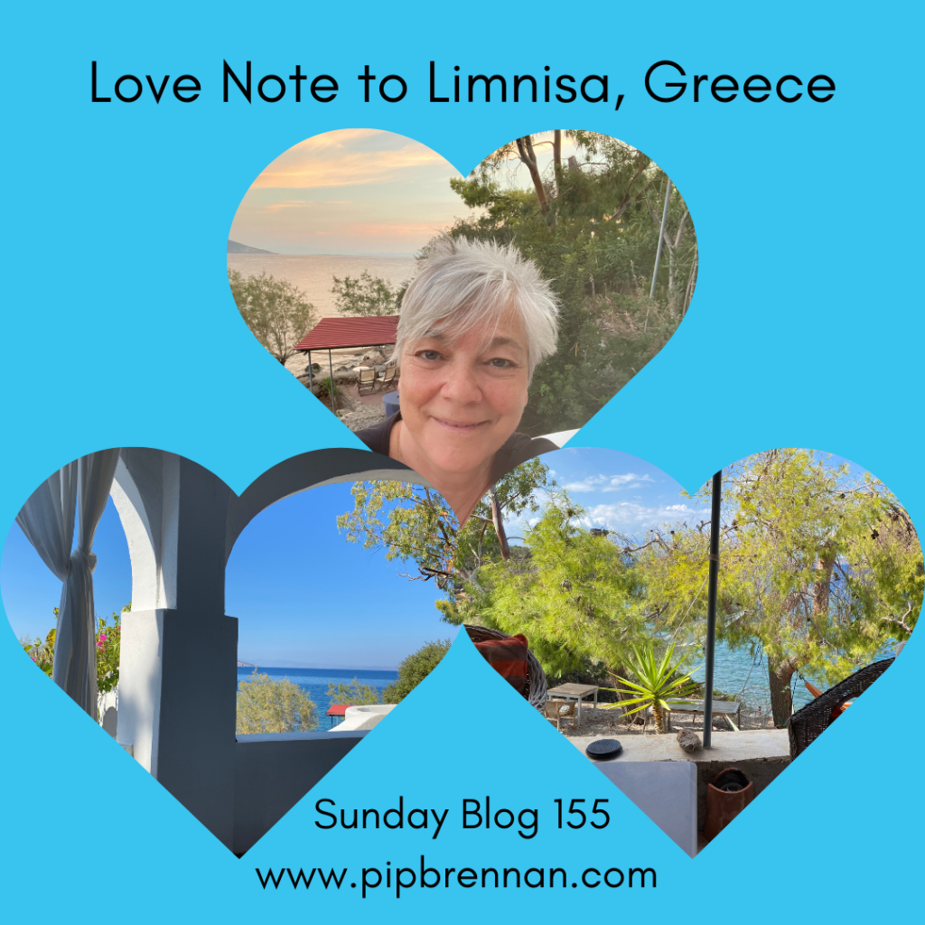 A collage of three heart-shaped images showing Limnisa Writing Retreat in Methana, Greece, and the author