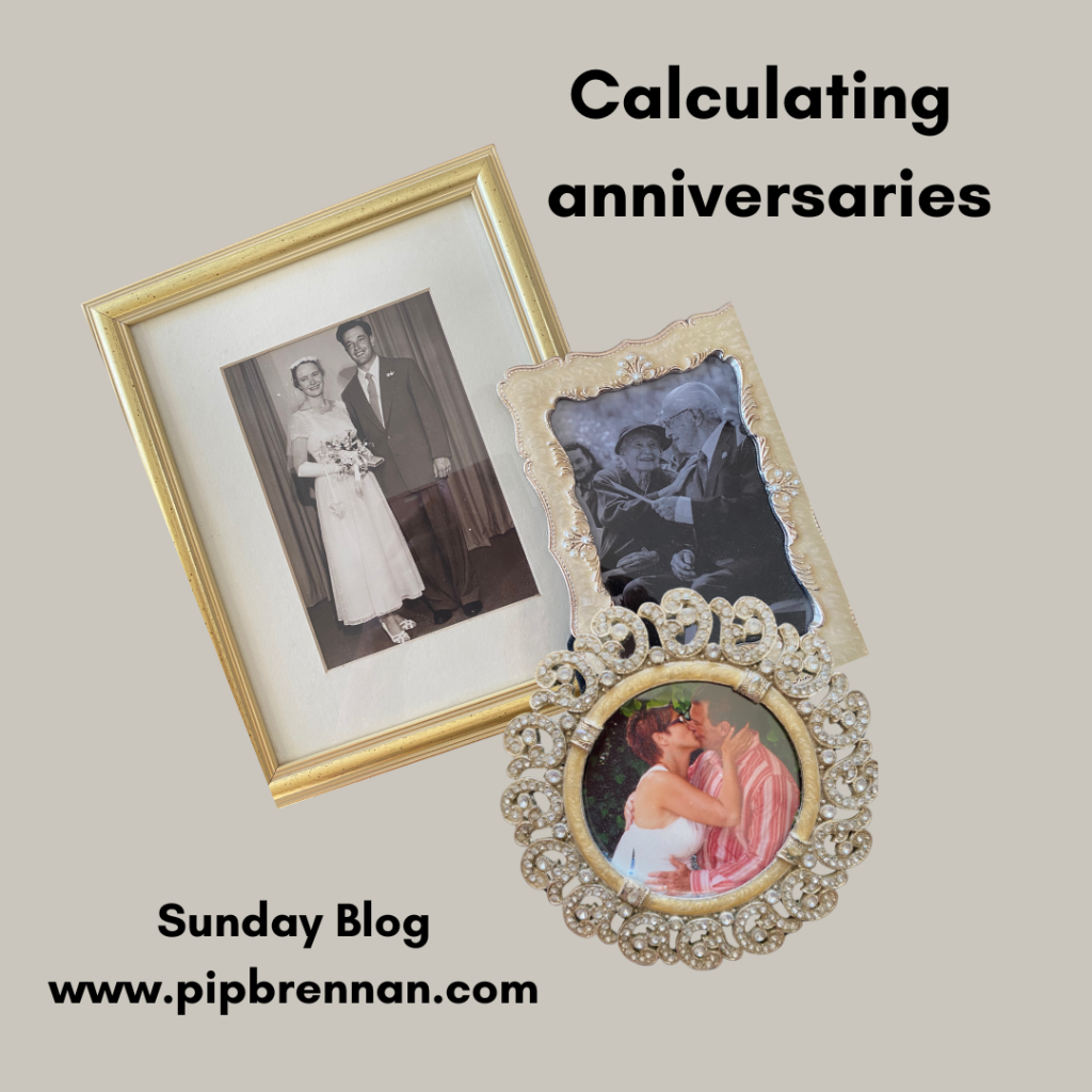 Image of 1957 wedding and the same couple in 2020, picture of couple married in 2009 in crystal frame. Title is calculating anniversaries